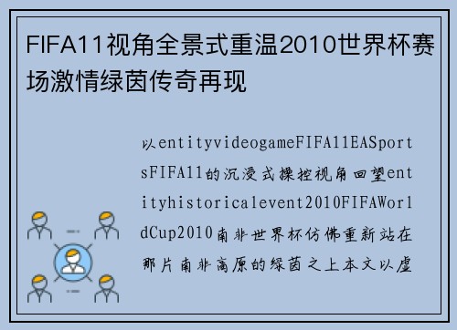 FIFA11视角全景式重温2010世界杯赛场激情绿茵传奇再现